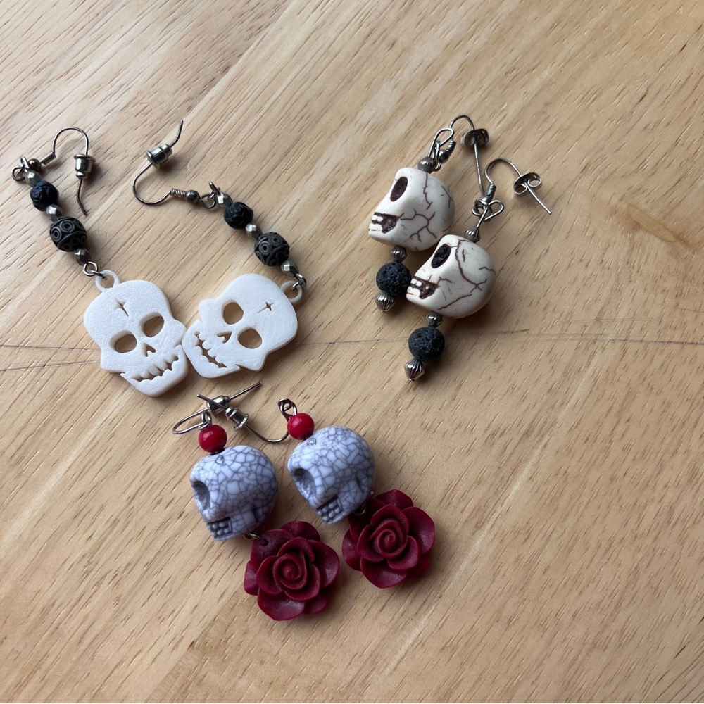 Set of Three Pair Skeleton Halloween Earrings Dangle Rose Skull D3